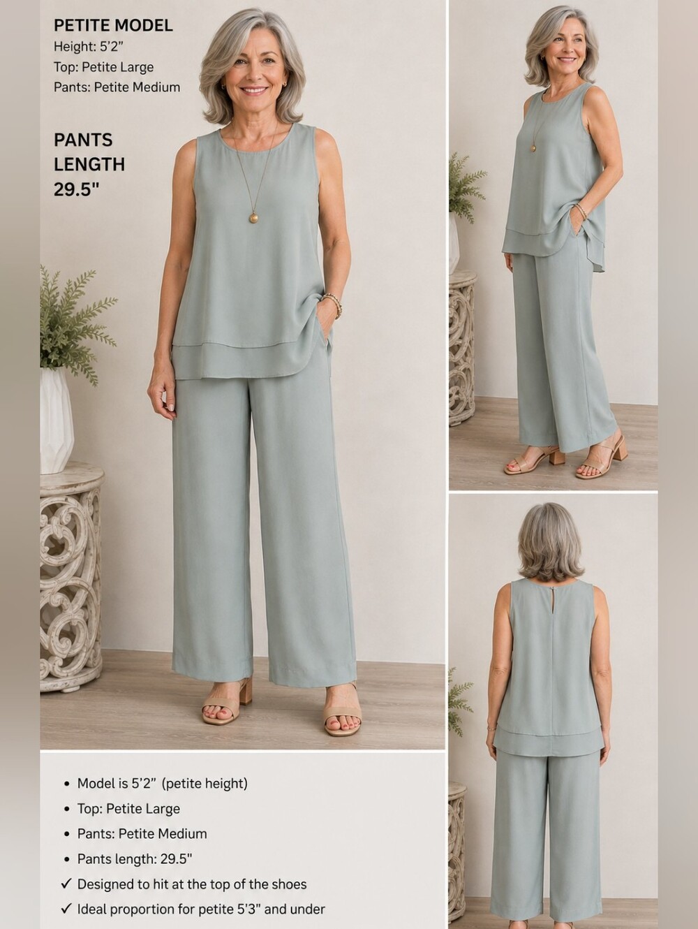 Eileen Fisher 100% Silk 2 Piece Outfit PL-Tank PM-Wide Leg Pants Sage Petite